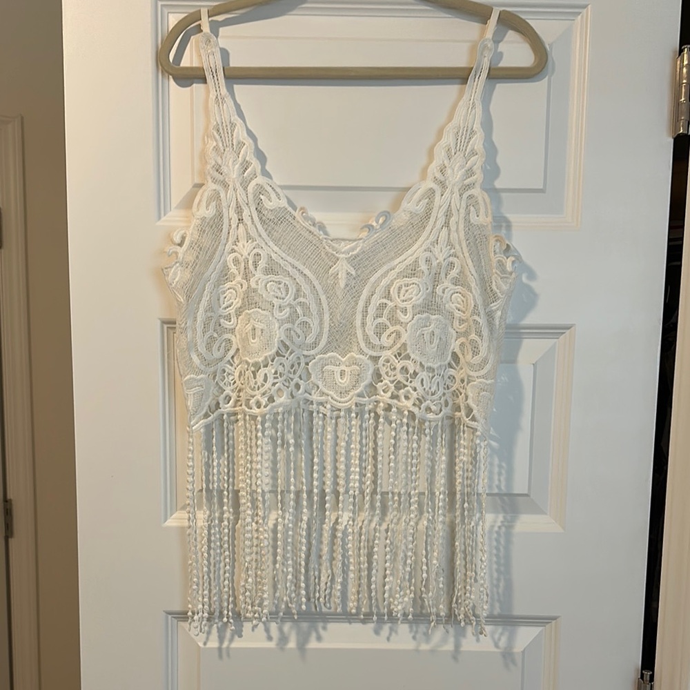 White Lace Fringe Tank Top